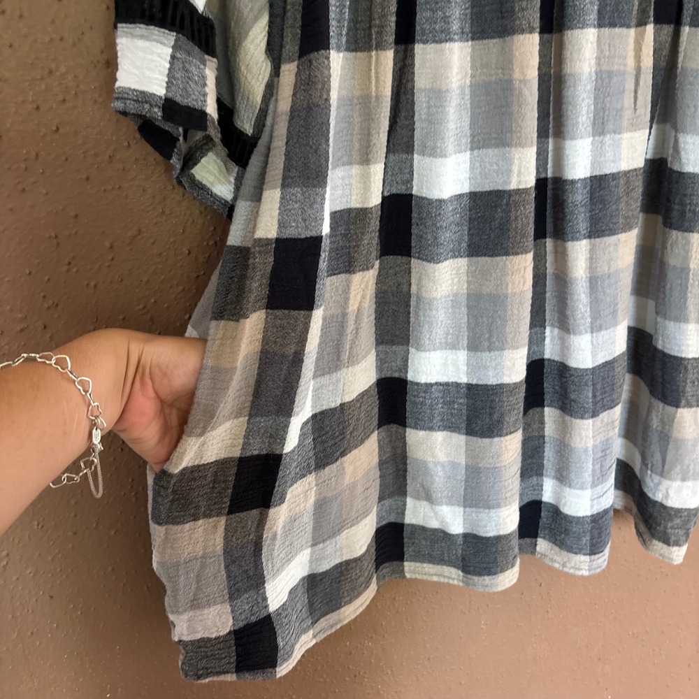Maeve Anthropologie Plaid Crochet Lace Trim Babydoll Mini Dress Tunic Neutral S - Picture 4 of 7